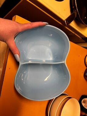 Vintage MARCREST STONEWARE
Oval Divided Serving Bowl Blue 10.5 by 8"